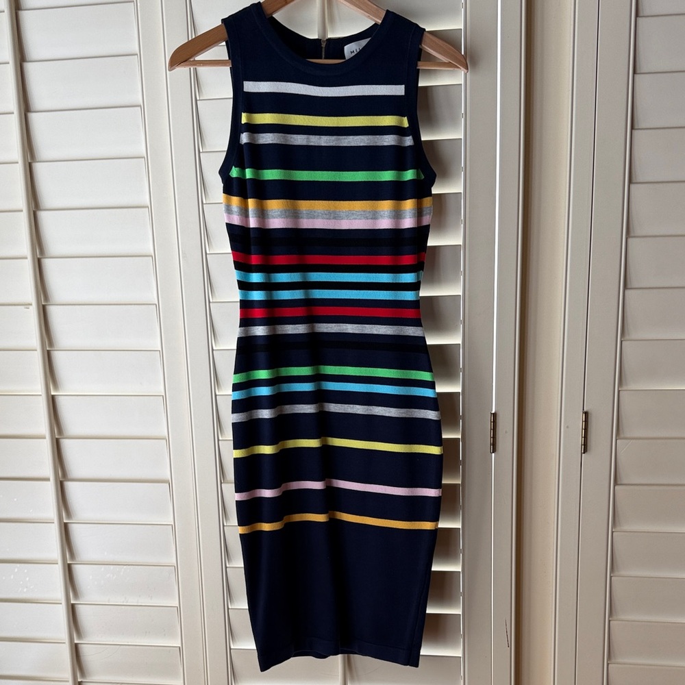 Milly Navy Multicolor Striped Midi Dress